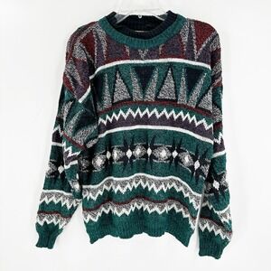 VINTAGE Michael Gerald Retro Printed Crew Neck Pullover Knit Sweater Size Large